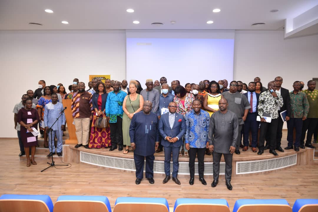 Herbert Krapah (2nd from right), Deputy Minister of Trade and Industry, Albert Kasim Diwura, (1st from right), Deputy CEO in charge of Human Resource and Administration at GEPA, Samuel Dentu (2nd from right) Deputy CEO in-charge of Operations and Finance at GEPA and Dr Fareed Kwesi Arthur (1st right), Head of AfCFTA Coordination Office with the members of the NEDS sector committee during the inauguration 